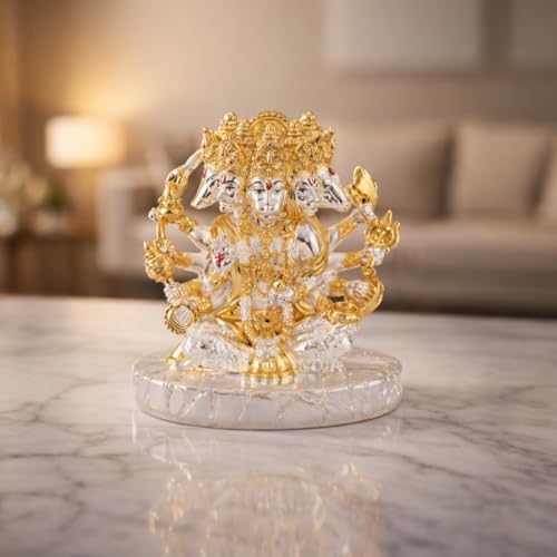 Image of Gold Art India Panchmukhi Hanuman Idol | Gold & Silver Plated Dual Tone Murti | Glossy Finish Polyresin Statue | Spiritual Home Decor for Mandir, Office & Car Dashboard | Premium Gift | 4 Inch