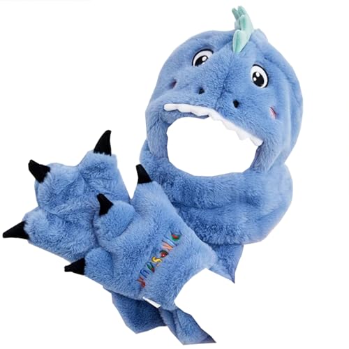 3 in 1 Plush Winter Warm Hat Cute Outdoor Hooded Dinosaur Hat with Scarf and Gloves