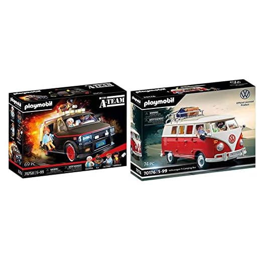 PLAYMOBIL 70750 La Furgoneta del Equipo A, Diseño icónico para Fans, coleccionistas y niños, de 5 a 99 años + 70176 Volkswagen T1 Camping Bus, para niños a Partir de 5 años