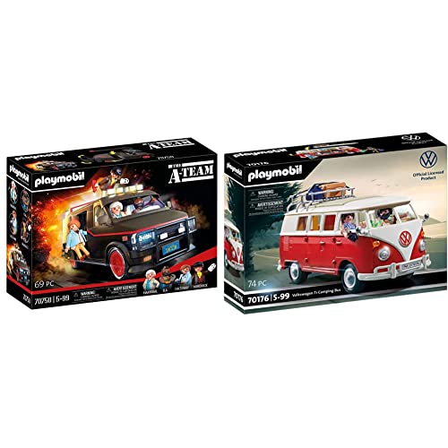 PLAYMOBIL 70750 La Furgoneta del Equipo A, Diseño icónico para Fans, coleccionistas y niños, de 5 a 99 años + 70176 Volkswagen T1 Camping Bus, para niños a Partir de 5 años
