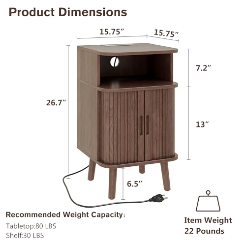 Alohappy Fluted Nightstand Set with Charging Station of 2, Mid Century Modern End Table with Sliding Tambour Doors, Curved Accent Wood Bedside Table with Storage for Bedroom, Living Room, Walnut - Thumbnail 2