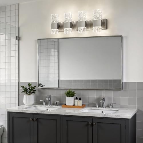 Image of Epinl Brushed Nickel 4-Light Bathroom Vanity Lights, 4000K Modern Bathroom Lighting Fixtures Over Mirror, 28 inch LED Crystal Bathroom Light Fixtures Hardwired Wall Sconces for Bathroom Living Room