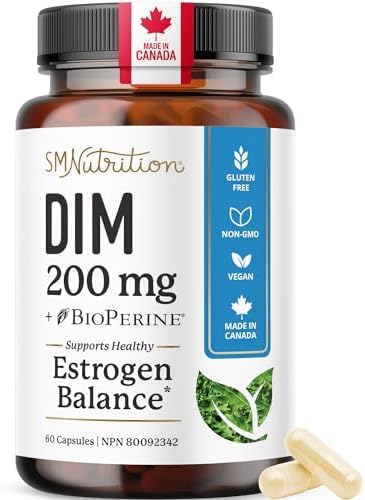 DIM Supplement 200 mg | Estrogen Balance for Women & Men | Hormonal Acne, Hormone Balance, PMS, Bloating, Antioxidant & Menopause Supplements for Women | Canadian Made, Vegan Diindolylmethane | 60 Ct