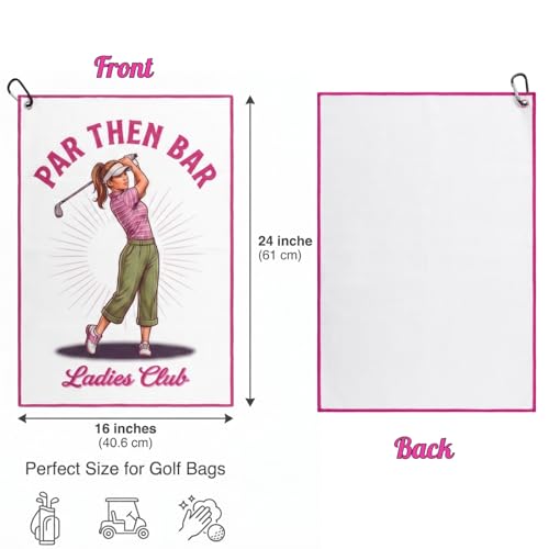yuboo Funny Ladies Club Golf Towel with Clip, 16x24 Pink Waffle Weave Microfiber Golf Bag Accessory, Par Then Bar Golf Gifts for Women Lady Mom Grandma Golfer, Birthday Retirement Golf Presents — view 3