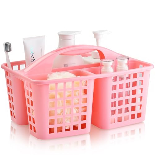 ALINK Plastic Shower Caddy Basket with Compartments, Portable Divided Cleaning Supply Storage Organizer with Handle for College Dorm Bathroom - Pink
