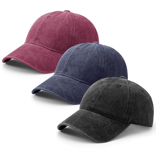 Image of Vyuwast 3 Pack Baseball Caps,Distressed Washed Vintage Baseball Cap for Men Women,Cotton Adjustable Hats for Outdoor Golf Travel (Black, Navy Blue, Wine Red)