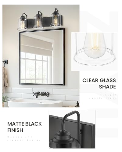 Image of zeyu Black Bathroom Vanity Light, 20.5 Inch Bathroom Light Fixtures Over Mirror, 3-Light Modern Wall Sconces with Clear Glass Shade, ZSL72B-3W BK