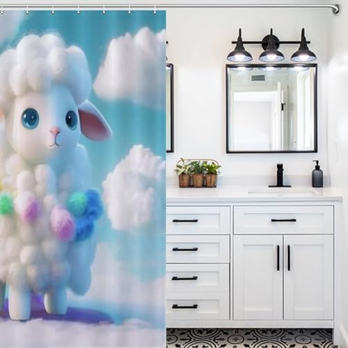 Rideau de douche tissu polyester étanche et facile à nettoyer motif mouton mignon