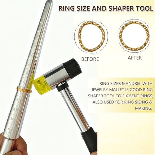 Image of Ring Sizer Measuring Tool Ring Sizing Kit Ring Size Measurer Metal Jewelry Ring Mandrel and Mallet Finger Ring Shaper to Fix Bent Rings Fixer Reshaper Tool (10-Ring Size Shaper Tool)