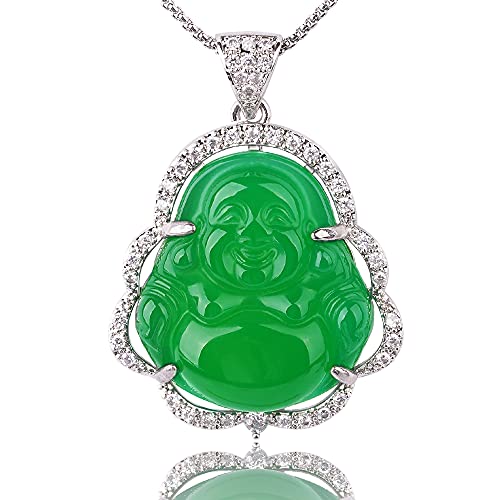 Image of ASGIFT Laughing Buddha Necklace Cubic Zirconia Green Jade Buddha Pendant with 18K Gold Plated Chain Lucky Buddha Necklace Jewelry Gift