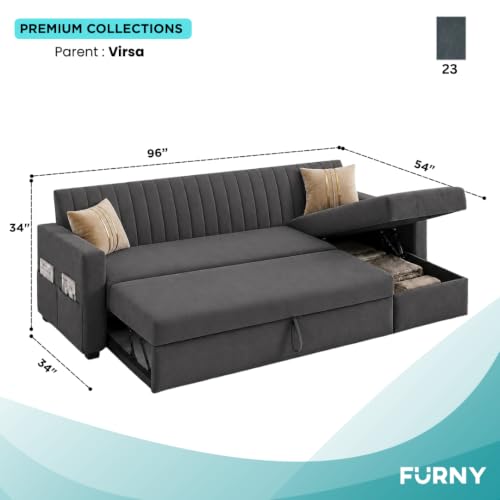 Image of CASASTYLE Kyagar 6 Person Seating RHS L Shape Sofawith Pull Out Bed & Storage Lounger | Premium Soft Velvet Suede Fabric | Comfort Cushions | Ideal for Living Room, Hotel & Office (Dark Grey)