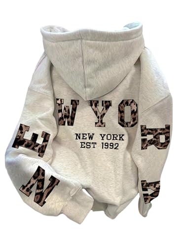 RoseSeek Women's Leopard Letter Graphic Hoodie Long Sleeve Hooded Sweatshirts Thermal Pullovers Tops Light Grey X-Large