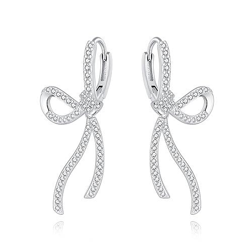 SLUYNZ Sterling Silver CZ Bow Hoop Earrings for Women Teens Rhinestone Bow Hoop Earrings Huggie Drop