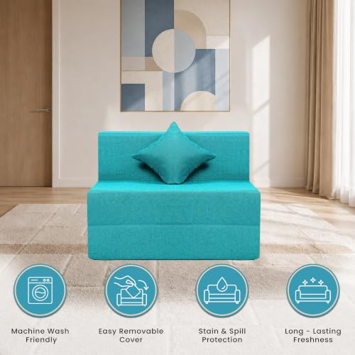 Image of Seventh Heaven Rejioce 1 Seater 6 * 3 Jute Fabric Washable Cover Sofa Cum Bed with 1 Cushion 1 Seater Double Foam Fold Out Sofa Cum Bed (Finish Color - Blue Delivery Condition - Pre-Assembled)