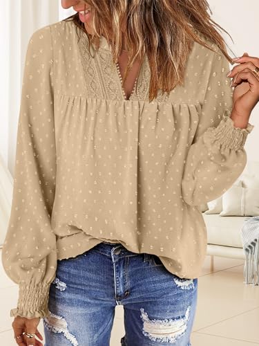BETTE BOUTIK Women Boho Long Sleeve Shirts Dressy Casual V Neck Fall Fashion Tops Swiss Dot Flowy Blouses