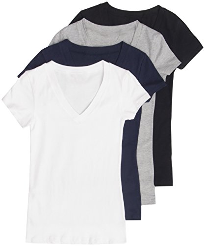 4 Pack Zenana Basic V-Neck Short Sleeve Cotton T-Shirts for Women Med Black, White, Navy, H Gray