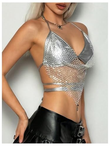 MakeMeChic Women's Glitter Sequin Fishnet Halter Tops Y2K Criss Cross Tie Back Crop Party Club Festival Rave Top4