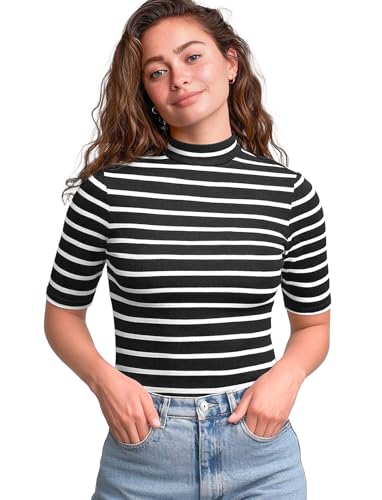 Zengjo Short Sleeve Turtleneck Women Striped T Shirt,Ribbed Mock