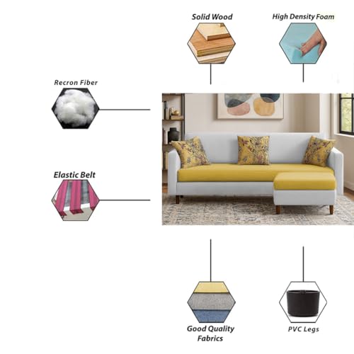 Image of Casaliving Premium Lifestyle Fabric 4 Seater L Shape Sofa Set 3 Seater Modern Sofa Set & Ottoman for Living Room (Yellow Grey Color) Premium Fabric