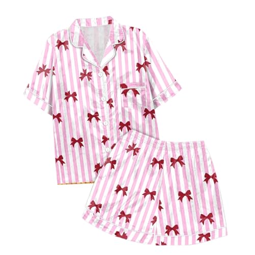Image of Valentines Pajamas For Women Short Sleeve 2 Piece Set Valentine Day Outfit Bow Heart Print Button Soft Sleepwear