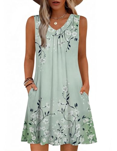 Image of Zeagoo Summer Dresses for Women 2026 Sleeveless Dress V Neck Tank Dress Pleated Floral Tshirt Sundresses with Pockets