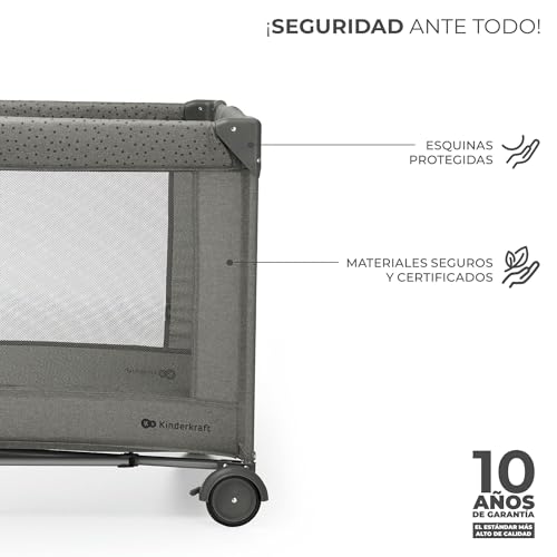 Kinderkraft Joy 2 Acc Berço de Viagem 2 em 1 para Bebé de até 25 kg, Dobrável rápido e fácil, Inclui Carrusel de Berço com Brinquedos, Prateleiras para Fraldas e Trocador, Bolsa de Transporte, Cinza