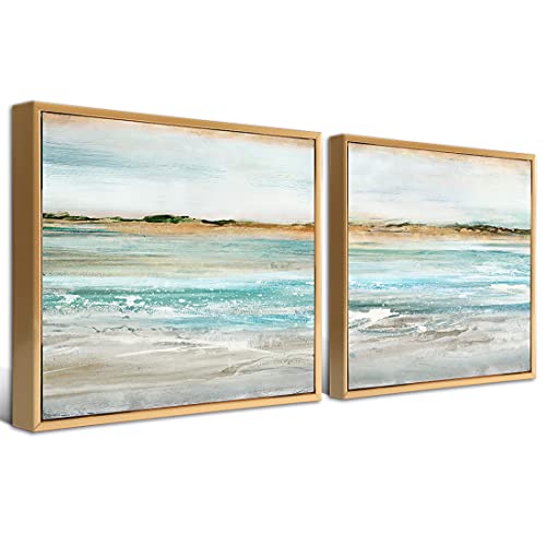Gardenia Art Abstract Wall Art Linen Canvas Prints Beach Landscape Pictures Gold Framed Painting Artwork For Bedroom Office Dining Room Bathroom 12" X 12" Total 2 Pieces Ready For Hang #TOP6