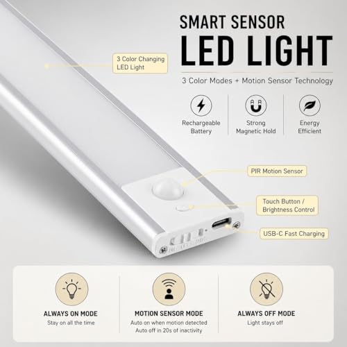Image of One94Store 30CM Metal Rechargeable Motion Sensor LED Light, Wireless Under Cabinet Light with 3 Color Modes, 1200mAh Battery for Kitchen, Wardrobe & Bedroom - White