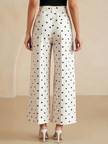 Women's Polka Dots Wide Leg Tailored Pants High Waisted Belted Loose Trousers with Pockets2