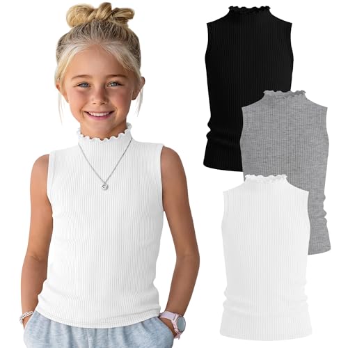 LessonZoo 3 Pack Girls Tank Tops Sleeveless Ribbed Ruffle Slim Fit Lettuce Trim Tops Casual Mock Turtleneck Under Shirts(White Light Mixed Gray Black 7-8 Years)