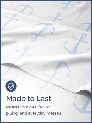 Image of Kids Full Blue Anchors Bed Sheets - 4 Piece Kids Blue Anchors Sheet Set | Blue Anchors Themed Bedding, Ultra-Soft, Cute & Cozy, Breathable & Machine Washable, Bed Set for Boys, Girls & Teens, Comfy