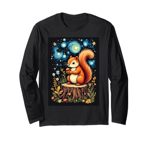 星月夜 リス アドベンチャー ゴッホ 星空の光 長袖Tシャツ