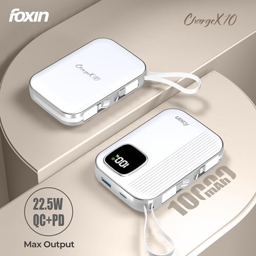 Image of Foxin ChargeX 10 Pocket Power Bank 10000mAh 22.5W Super Fast Charging | Type C & 8 Pin Dual Output Ports| Type C & USB Input & Output |Supports Android, Apple, Tablets | Built-in-Cable | White