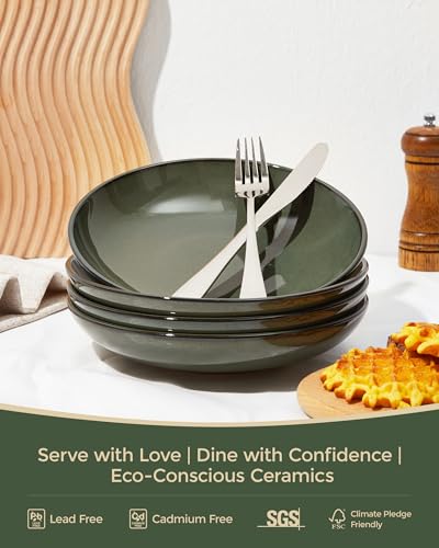 Image of Pokini 16 Piece Double Bowl Dinnerware Sets with Pasta Bowls, Highly Chip and Crack Resistant Plates and Bowls Sets, Natural Earthyware Ceramic Dishware Sets, Service for 4 Blackish Green