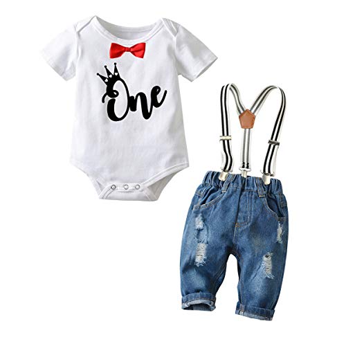 Toddler Baby Boy Clothes Set,Infant Bowtie + Romper + Suspenders + Ripped Denim Pants Outfits,12-18M