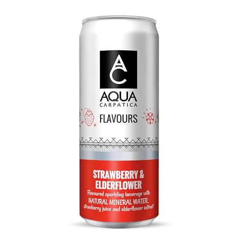 AQUA Carpatica Sparkling Flavours Strawberry & Elderflower 330ml x 4 - Natural Fruit Juice Infused Sparkling Water, No Added Sugar, Naturally Alkaline, Sweetened with Agave Syrup, Rich in Minerals