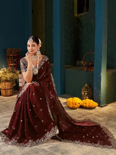 Image of SIRIL Women's Tissue Silk Sequence Embroidery Saree with Unstitched Blouse Piece