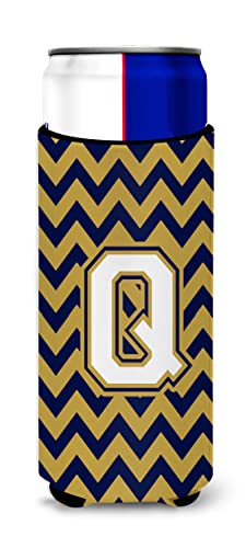 Letter Q Chevron Navy Blue and Gold Ultra Beverage Insulators for slim cans CJ1057-QMUK