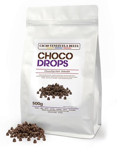 Cacao V Delta Pepitas de Chocolate Negro 500g Para Repostería - Chips de Chocolate para Hornear y Topping - 46% de Cacao No GMO, Sin Gluten, Premium, Puro, Natural