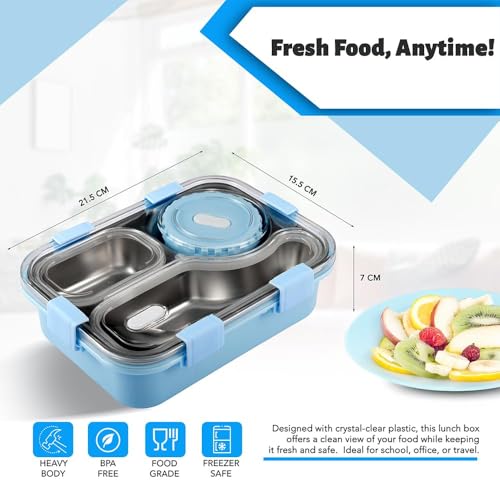 Image of Lunch Box 3 Compartment Stainless Steel Tiffin Box Within Liquid Store Box| Lunch Box for Kids, Leak-Proof BPA-Free Tiffin Box for School & Office Use 750ml (Blue)