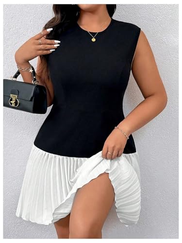 GORGLITTER Women's Plus Size Pleated Dress Color Block Sleeveless A Line Work Business Office Mini Dresses3