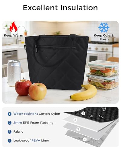 Image of Gloppie Black Lunch Bag for Women Insulated Leakproof Cooler Lunch Tote | 3-Layer Thermal Liner,Keeps Meals Cool Fresh In Summer, Reusable Food-Grade Leakproof Liner, Fits 10 Cans, Easy to Clean