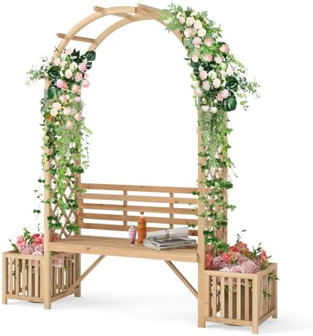 Giantex Outdoor Bench with Garden Arch & Planters, Wooden Pergola Archway, Outdoor Trellis for Climbing Plants, Patio Decorative Arbor Arch for Backyard Lawn (Arched,Natural,73"x22"x80")