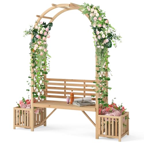 Giantex Outdoor Bench with Garden Arch & Planters, Wooden Pergola Archway, Outdoor Trellis for Climbing Plants, Patio Decorative Arbor Arch for Backyard Lawn (Arched,Natural,73'x22'x80')