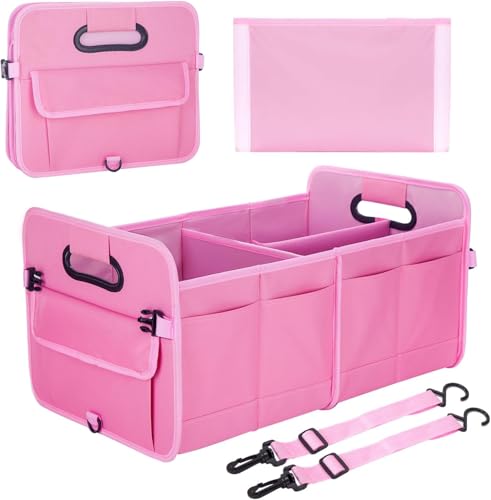 Syzplnwy Organizador para maletero de coche con correas ajustables, 66 L, plegable, multifuncional, para coche, camping, picnic, compras (3 compartimentos), color rosa