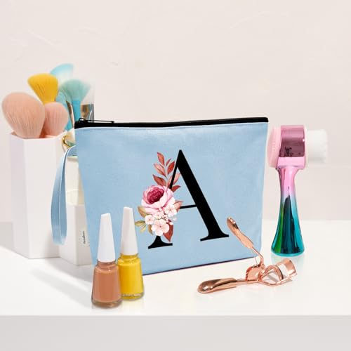 Image of Vavabox A-Z Personalized Makeup Bag, Birthday Gifts for Women Mom, Gifts for Best Friend, Bride Bridesmaid Cosmetic bag (C, Blue)