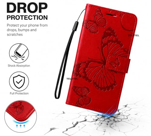 Image of TELETEL Butterfly Magnetic Closure Wallet Card Holder Flip Case for Vivo V50 5G|Mobile Cover|Back Flip Cover - Red