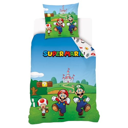 Mario - Housse de Couette Super Mario 140x200 cm + 1 Taie d'oreiller 63x63 cm - 100% Coton - Vert et Bleu