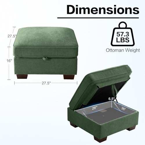 Image of TEKAMON 27.5 inch Storage Ottoman, Square Footrest with Sponge Padded Seat, Chenille Fabric Step Stool for Sofa, Bedroom, Living Room, Entryway, Modern Change Shoes Stool, Wood Legs, (Green)