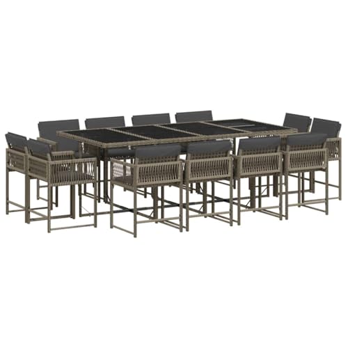 QJBSAVVA Salon de jardin 13 pièces avec coussins gris en polyrotin pour jardin, terrasse et arrière-cour, système de cubes peu encombrant avec table en...